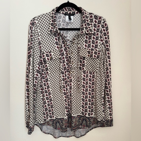 BCBGMaxAzria Boho Paisley Geometric Lace Up Blouse Size Large Dressy Casual Top - Picture 1 of 6
